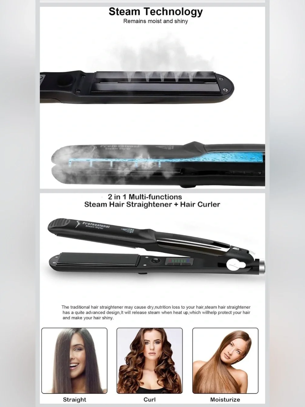 black professional steam hair straightener flat iron featuring ceramic plate